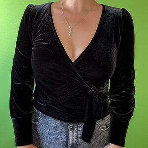 Deep neck black velvet sexy festive fitted wrap front shirt / Shein / Medium